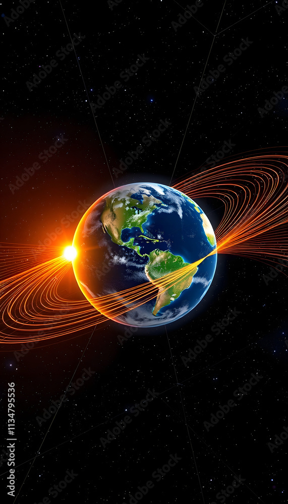 Naklejka premium Planet Earth, Orbiting Lines, Space Background