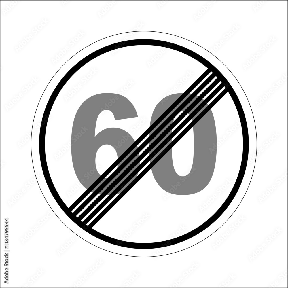 Round road sign showing the end of a speed limit of sixty kilometers or miles per hour Round road sign showing the end of a speed limit of sixty kilometers or miles per hour