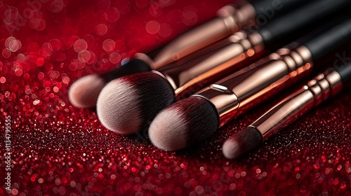 Luxurious makeup brushes designed for eco conscious users are elegantly arranged against dark red backdrop adorned glitter highlighting their beauty and sophistication. photo