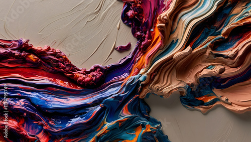 A highly detailed, cinematic photograph of abstract, expressive oil paint textures, showcasing rich, vibrant colors and intricate patterns, evoking a sense of dynamic movement and energy photo