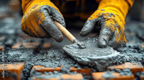 Hands of a builder applying wet cement to bricks