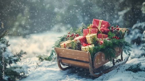 25. A decorated sleigh filled with presents and greenery in a snowy field photo