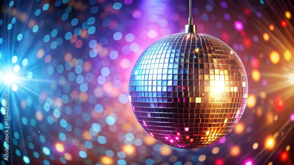 Obraz premium Shiny disco ball hanging from the ceiling at a party , dance, nightclub, celebration, mirror ball, reflection, music, nightlife