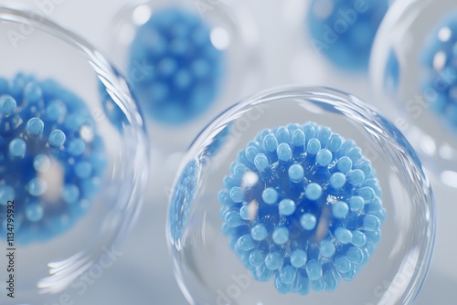 Close up of blue exosome particles in transparent spheres  3d visualization for biotechnology photo