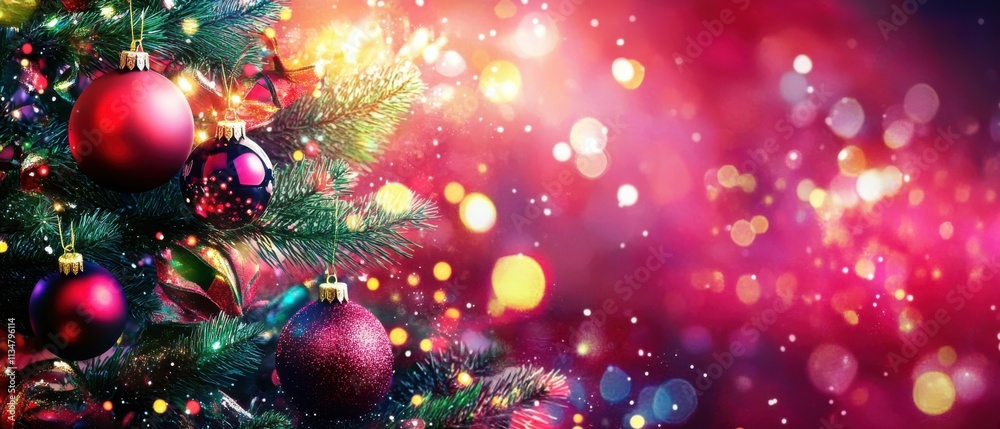 Sparkling Christmas Tree Ornaments with Festive Red and Pink Bokeh Lights Sparkling Christmas Tree Ornaments with Festive Red and Pink Bokeh Lights