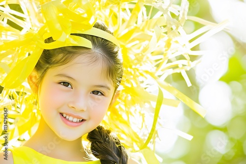 Blissful young girl with pigtails smiling joyfully in the warm sunlight surrounded by lush green foliage