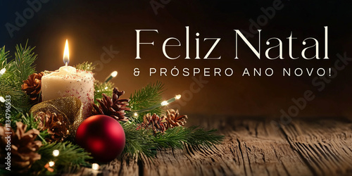 Feliz Natal e próspero ano novo texto em fundo natalino com decoração, vela, bolas de natal, presente. 