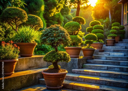 Captivating Silhouette of Chinese Sageretia on Steps with Garden Tree Pots in a Lush Landscape at Sunset photo