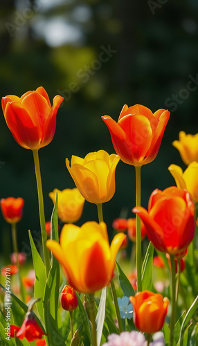 Colorful Tulips Field Sunny Day Scene