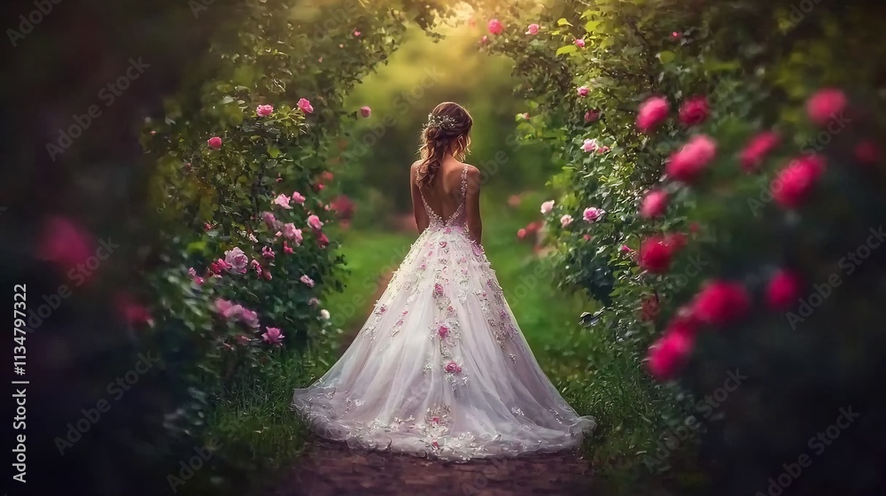 Fototapeta premium Ethereal Woman in Lace Wedding Gown Standing Amidst Blooming Flowers in Enchanted Garden