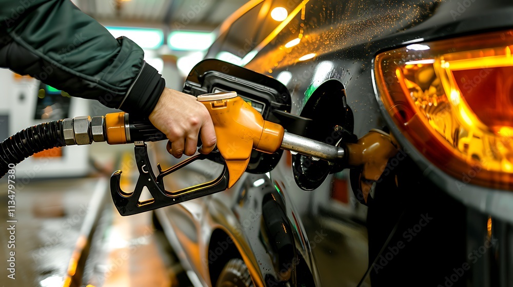 Hand refilling a car with gasoline at the gas station