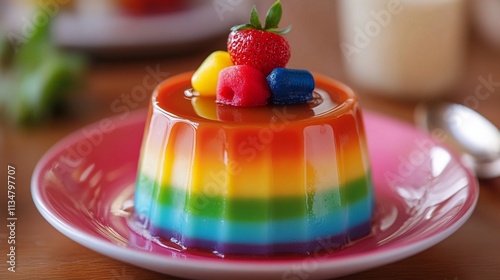 A colorful flan, a creamy caramel dessert, elegantly presented on a dessert plate. photo