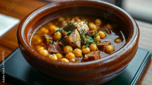 A hearty cocido madrileño, featuring chickpeas, meats, and vegetables in a rich broth, served in a ceramic bowl.