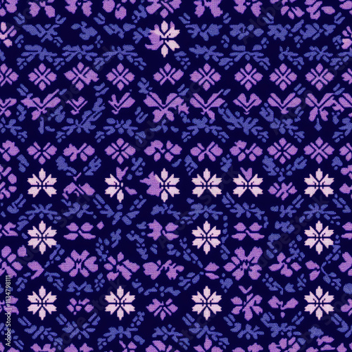 Floral seamless embroidery pattern in purple tones