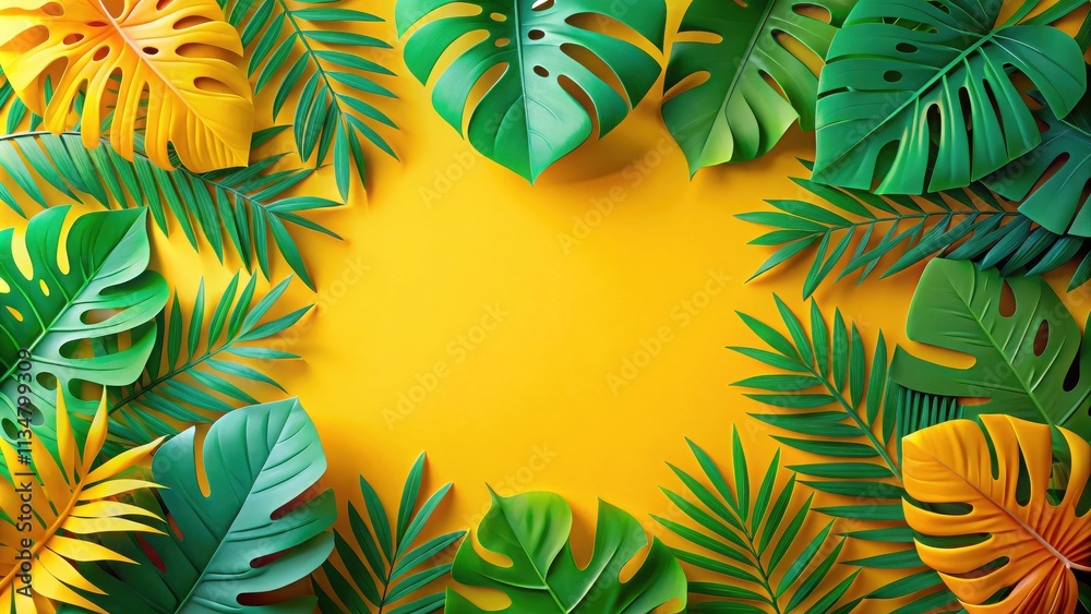 Naklejka premium A vibrant tropical background with lush green leaves and bright yellow foliage arranged in a circular frame, providing a blank space for text or design elements.