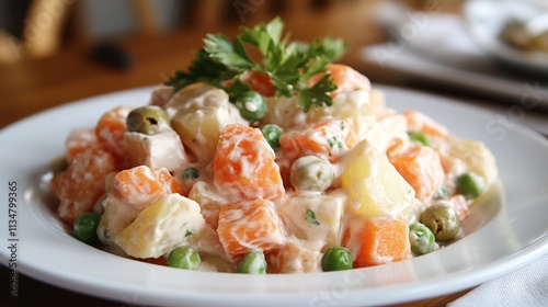 A refreshing ensalada rusa, a Spanish potato salad with peas, carrots, and mayonnaise, garnished with olives.