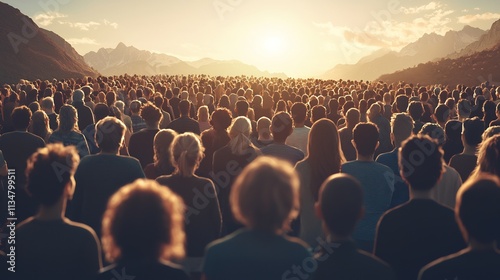 Vast Crowd Gathered at Scenic Mountain Landscape with Sunlight Shining