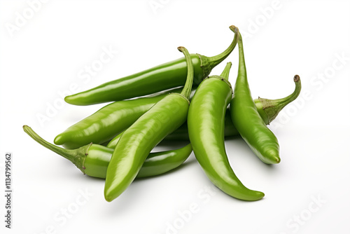 Close-up of fresh and vibrant long green chilies, arranged neatly on a clean white background, showcasing their natural texture and vivid color, ideal for cooking and food decoration purposes