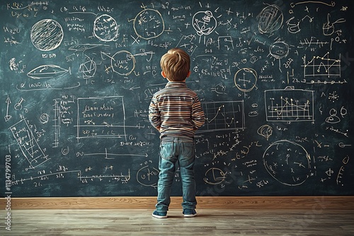 Young Curious Student Exploring Scientific Concepts on Chalkboard
