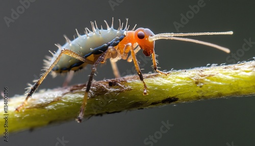 Intricate close-up of an aphid resting on a plant stem, showcasing its delicate features and vibrant colors, highlighting the beauty of macro animal photography. photo