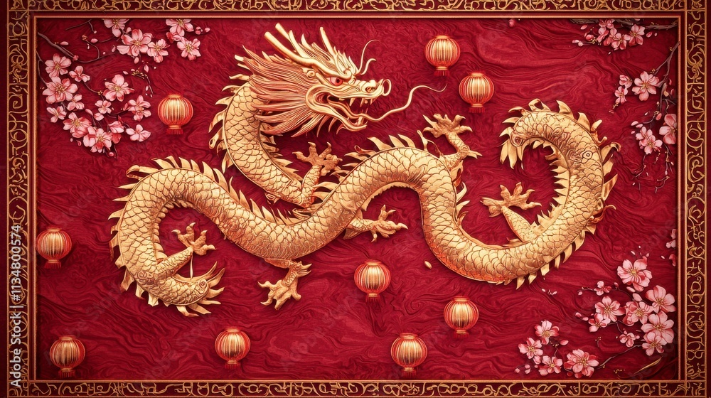 Obraz premium Golden Dragon on Red Background with Cherry Blossoms and Lanterns