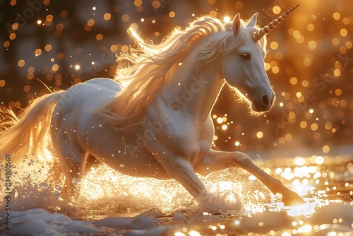 Majestic white unicorn with long flowing mane running through golden water at sunset.
