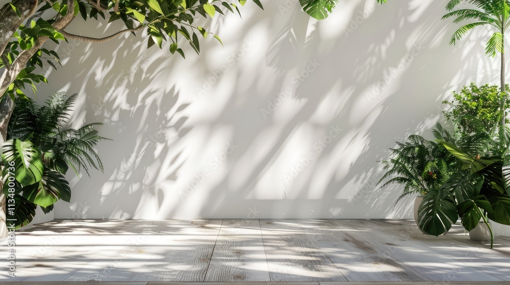 3D beautiful foliage of tropical tree in sunlight, leaf shadow on table counter and white wall with space in background for luxury summer, nature, organic product display backdrop 3D beautiful foliage of tropical tree in sunlight, leaf shadow on table counter and white wall with space in background for luxury summer, nature, organic product display backdrop