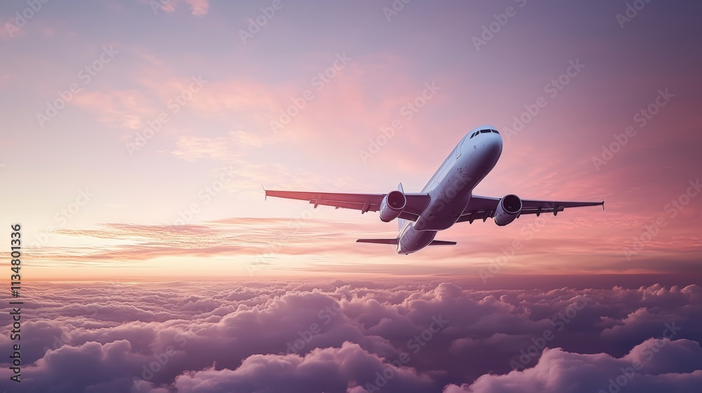 Commercial airliner is soaring through the sky at sunset, offering a breathtaking view of the colorful clouds below and the vast expanse of the horizon