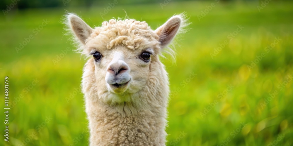 Closeup of a fluffy alpaca in a green pasture, alpaca, fluffy, cute, animal, farm, livestock, nature, wool, fur, agriculture Closeup of a fluffy alpaca in a green pasture, alpaca, fluffy, cute, animal, farm, livestock, nature, wool, fur, agriculture