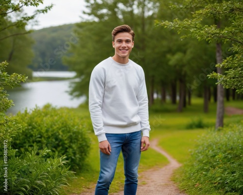 Young man wearing white sweatshirt and jeans standing in nature