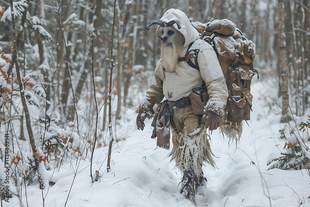 A mythical creature, resembling a goat-man, with a large backpack, trekking through a snowy forest. A mythical creature, resembling a goat-man, with a large backpack, trekking through a snowy forest.