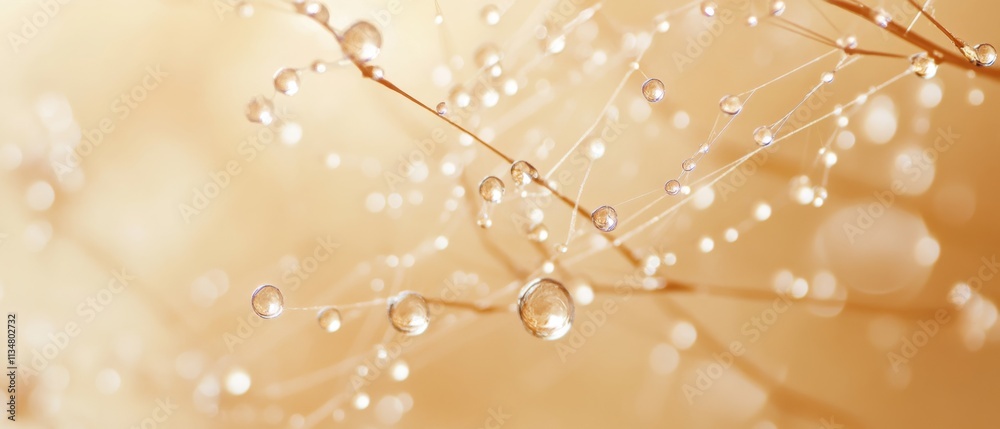 Obraz premium Delicate dew drops glisten on thin branches against a soft, golden background, creating an ethereal and dreamy visual.