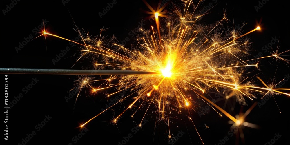 A sparkler ignited against a dark backdrop, creating a burst of shimmering golden light and delicate sparks. A sparkler ignited against a dark backdrop, creating a burst of shimmering golden light and delicate sparks.