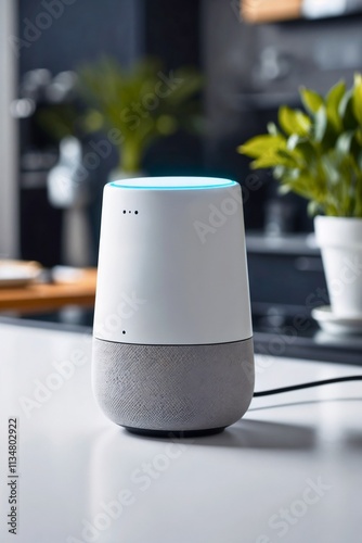 A close-up view of an AI-powered smart home assistant with a sleek, modern design. The device exudes intelligence and innovation, symbolizing futuristic technology and usability in a home setting.
