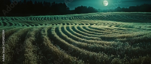 Under a luminous full moon, rippling fields create mesmerizing patterns, blending mystery with nocturnal beauty. photo