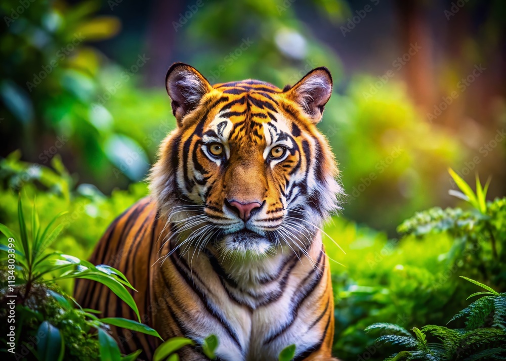 Fototapeta premium Captivating Tilt-Shift Portrait of a Majestic Tiger Roaming Freely in Its Natural Habitat, Showcasing Vivid Colors and Intricate Details of the Wild Environment