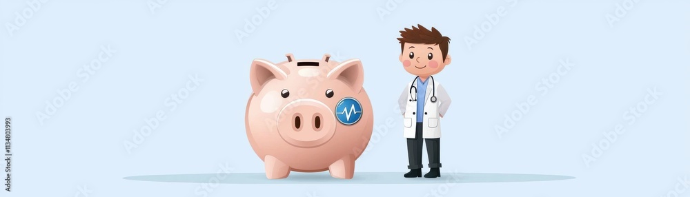 A cartoonish doctor stands beside a piggy bank, symbolizing financial health or savings in a light blue background setting. A cartoonish doctor stands beside a piggy bank, symbolizing financial health or savings in a light blue background setting.