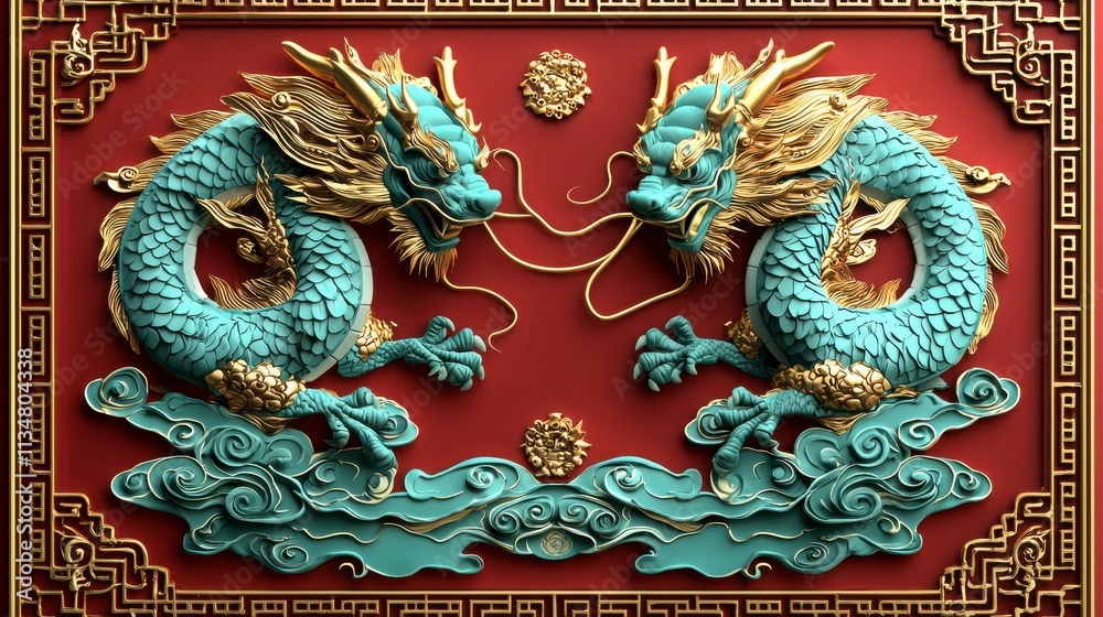 Obraz premium Intricate Blue and Gold Dragon Relief Art with Red Background