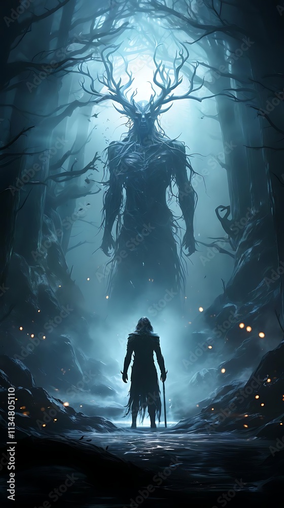 A lone figure confronts a colossal, antlered beast in a dark, mystical forest. A lone figure confronts a colossal, antlered beast in a dark, mystical forest.