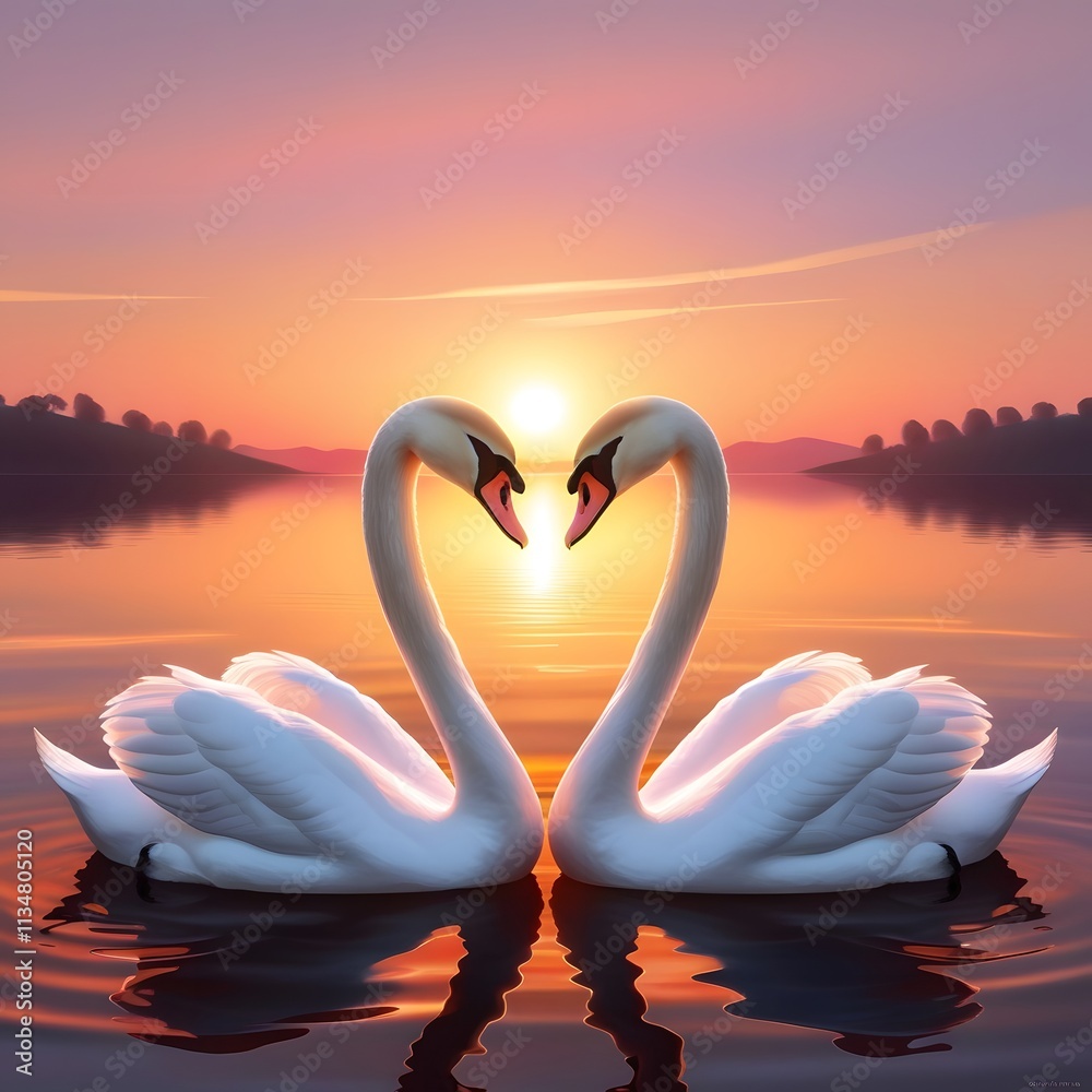 Fototapeta premium Romantic Swans Forming Heart at Sunset Over Serene Lake