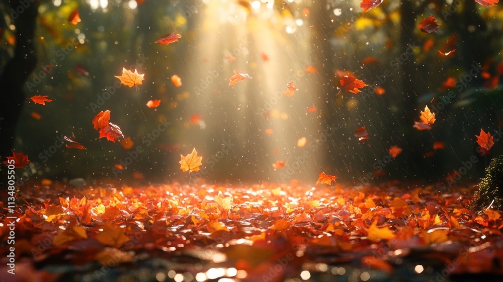Naklejka premium Autumnal Enchantment: Falling Leaves and Sunbeams in a Magical Forest