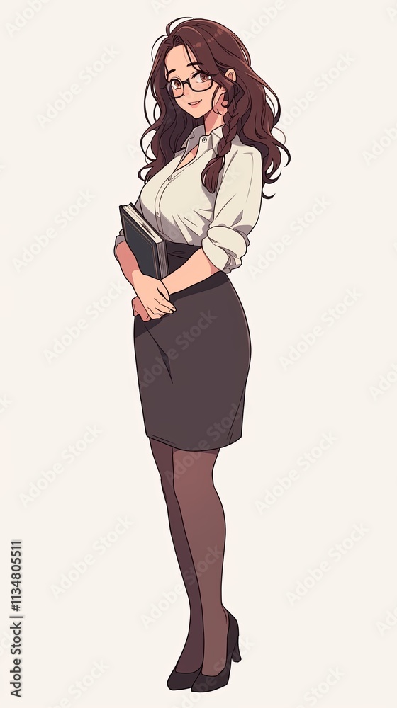Fototapeta premium Anime female teacher with glasses, braided brown hair, holding a book. Wearing a white blouse, pencil skirt, and heels, standing confidently on a white background