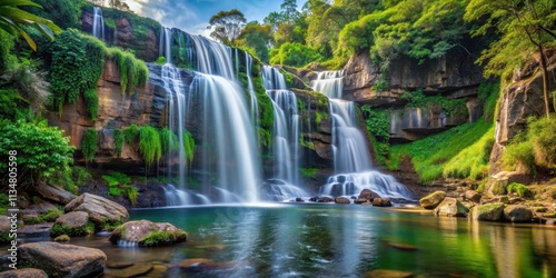 Beautiful waterfall cascading down rocky cliffs surrounded by lush vegetation in a serene landscape, waterfall