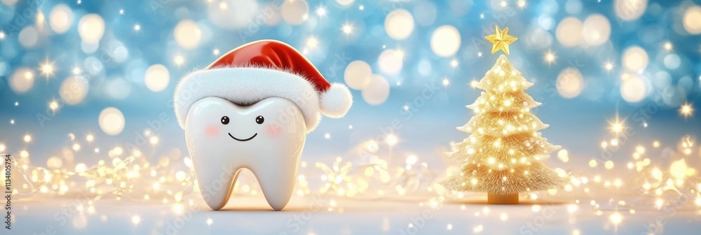 Smiling tooth with santa hat and sparkling christmas tree on a festive background. Happy New Year. Merry Christmas Smiling tooth with santa hat and sparkling christmas tree on a festive background. Happy New Year. Merry Christmas