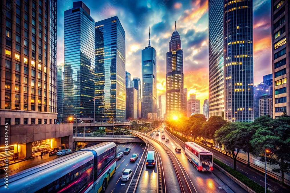 Captivating Urban Landscape with Bokeh Effect Showcasing Modern Buildings and Dynamic City Transport in a Vibrant City Setting Captivating Urban Landscape with Bokeh Effect Showcasing Modern Buildings and Dynamic City Transport in a Vibrant City Setting