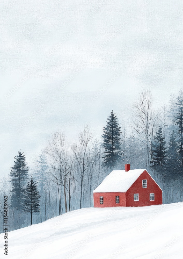 Serene winter landscape with red house surrounded by snow-covered trees in a tranquil watercolor scene