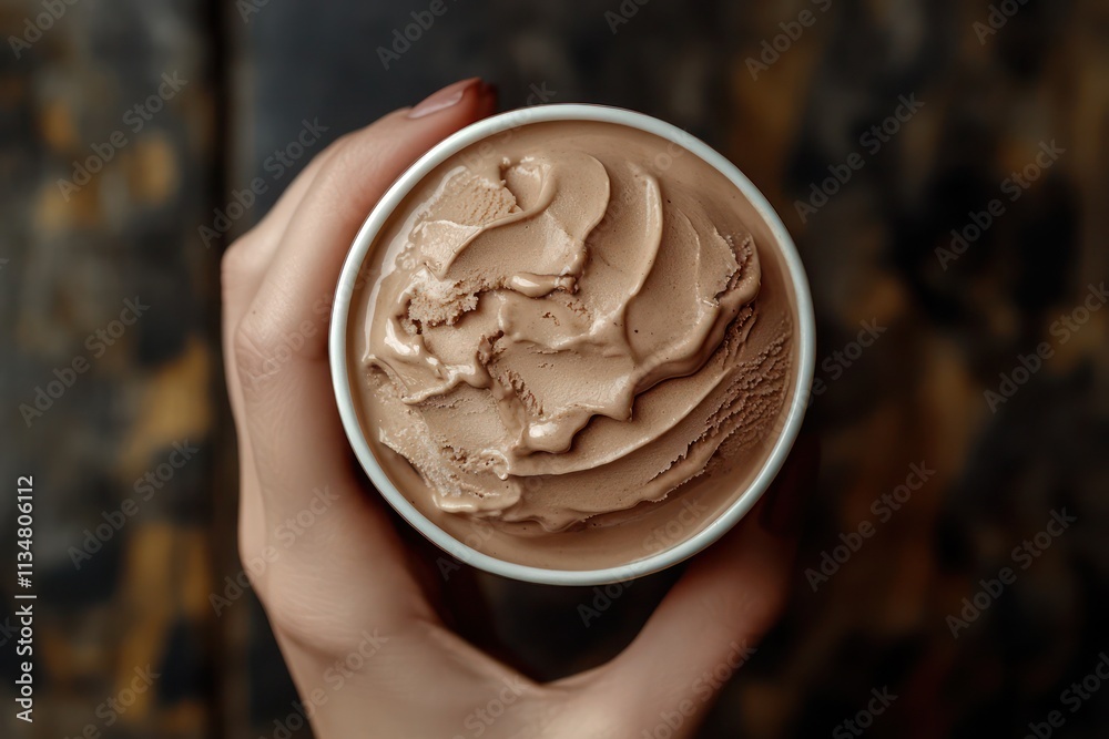Fototapeta premium Yummy ice-cream close up in woman's hand close up Mocha Mousse colored image