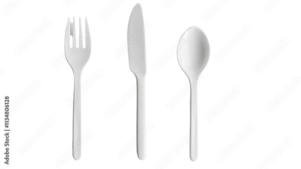 White Plastic Fork, Knife, and Spoon Isolated on PNG Transparent Background White Plastic Fork, Knife, and Spoon Isolated on PNG Transparent Background