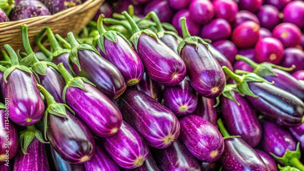 Fresh purple eggplants on display at a farmer's market , Vegetables, Eggplants, Fresh, Purple, Organic, Healthy, Cooking Fresh purple eggplants on display at a farmer's market , Vegetables, Eggplants, Fresh, Purple, Organic, Healthy, Cooking