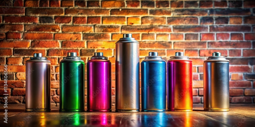 Fototapeta premium A row of colorful spray paint cans arranged in front of a red brick wall background.